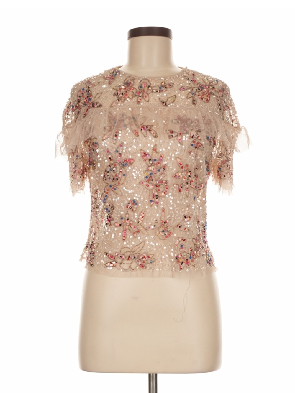 Zara Nude Beaded Fringe Short Sleeve Top